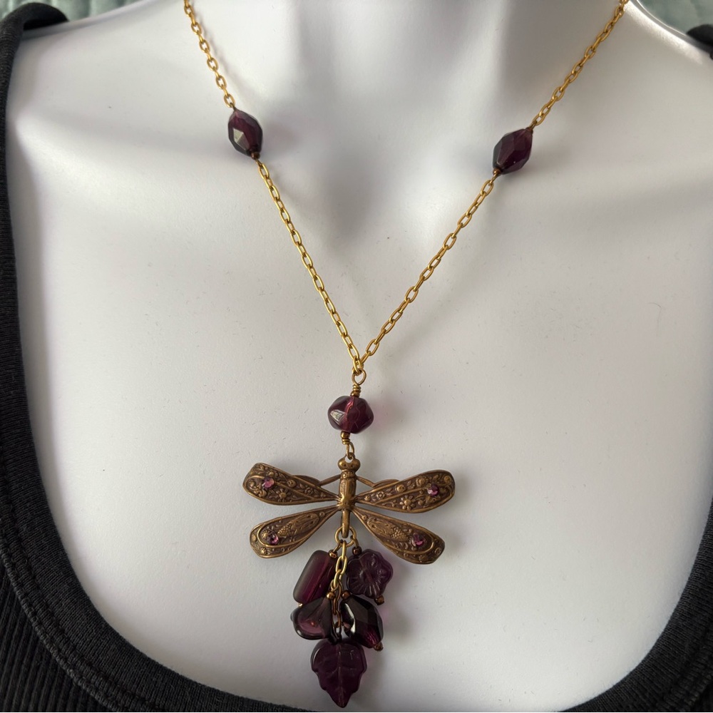 Elegant Gold and Handcrafted Purple Dragonfly Necklace and Earring Set - Picture 3 of 8